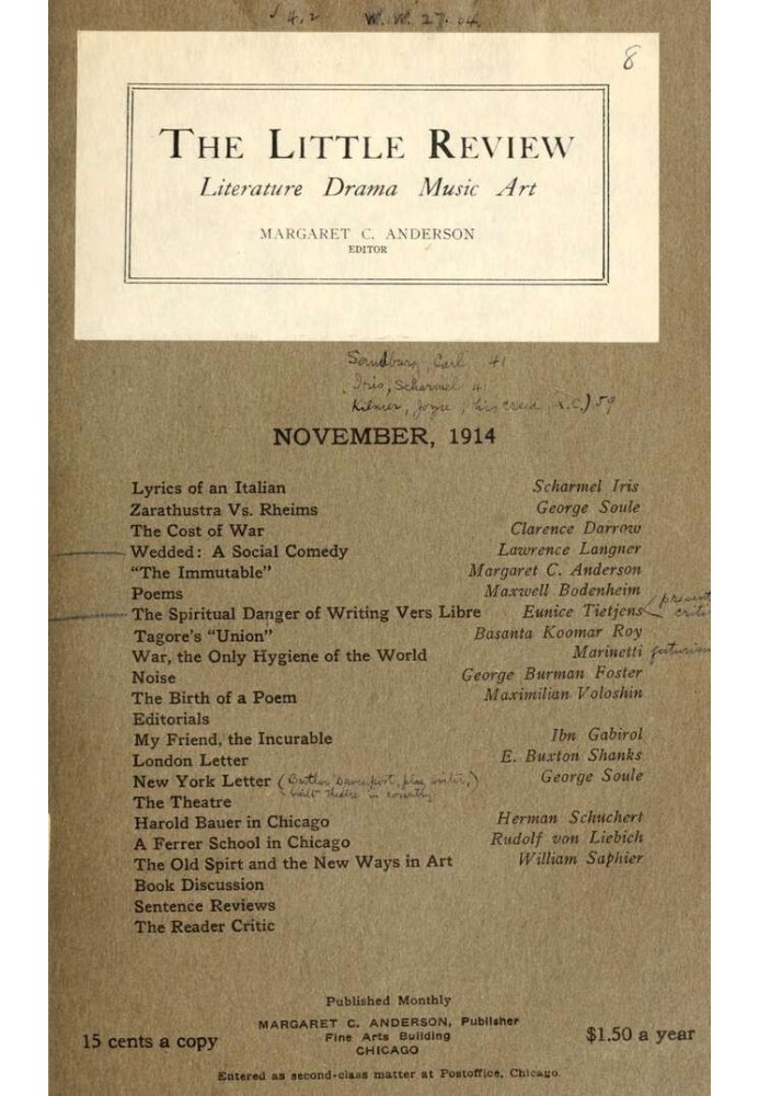 Book The Little Review, November 1914 (Vol. 1, No. 8)