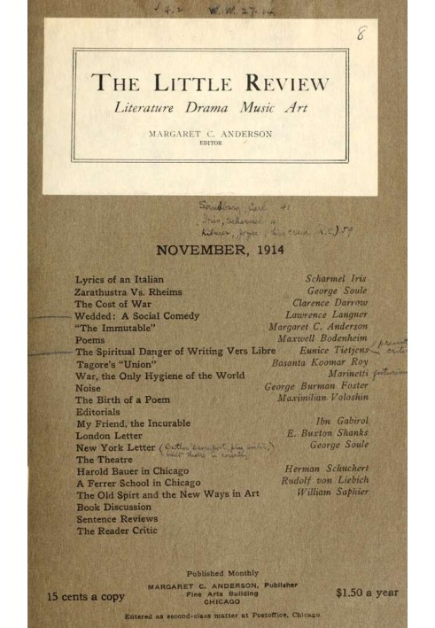 Book The Little Review, November 1914 (Vol. 1, No. 8)