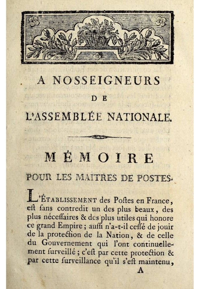 Book To Our Lords of the National Assembly: Memorial for the postmasters