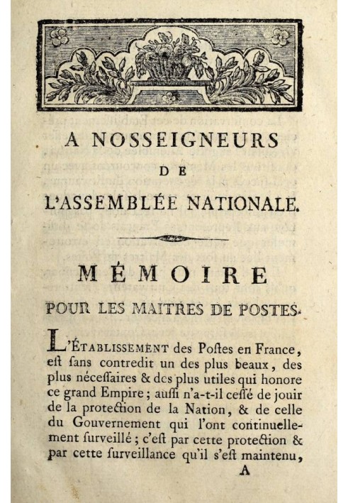 Book To Our Lords of the National Assembly: Memorial for the postmasters