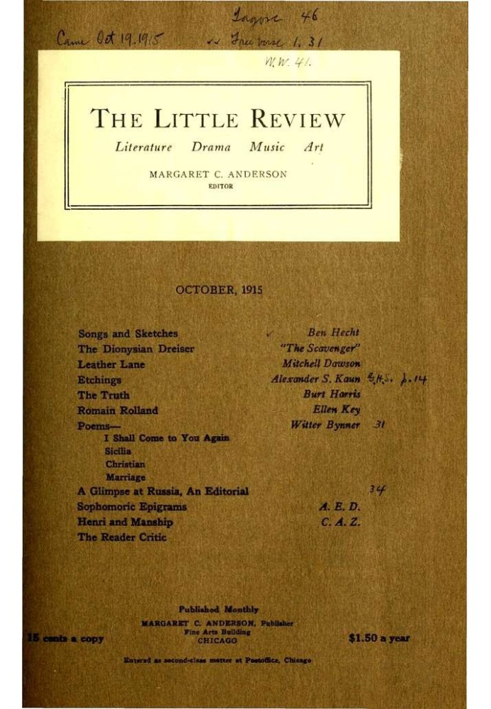 Book The Little Review, October 1915 (Vol. 2, No. 7)