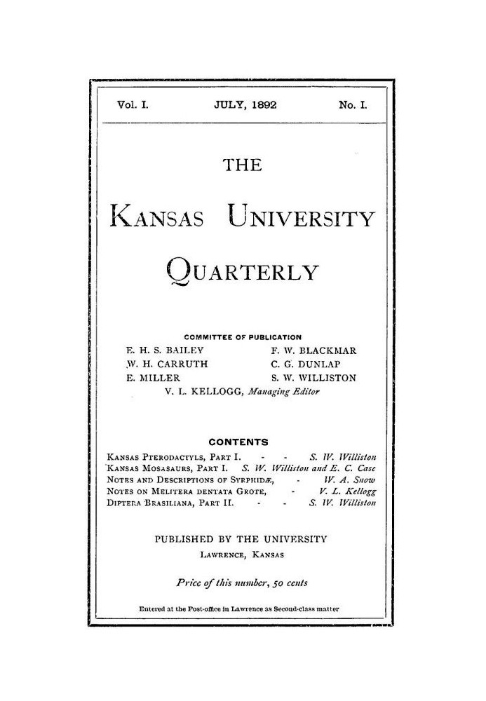 Книга Ежеквартальный журнал Канзасского университета, Vol. Я, № 1 (1892)