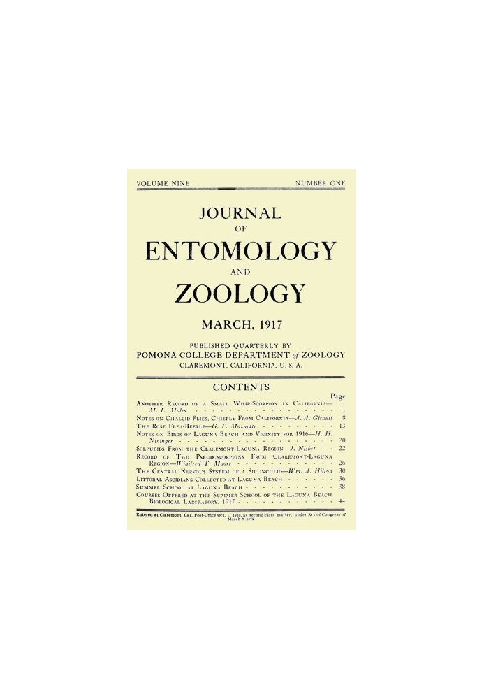 Book Journal of Entomology and Zoology, Vol. 09, No. 1, March 1917