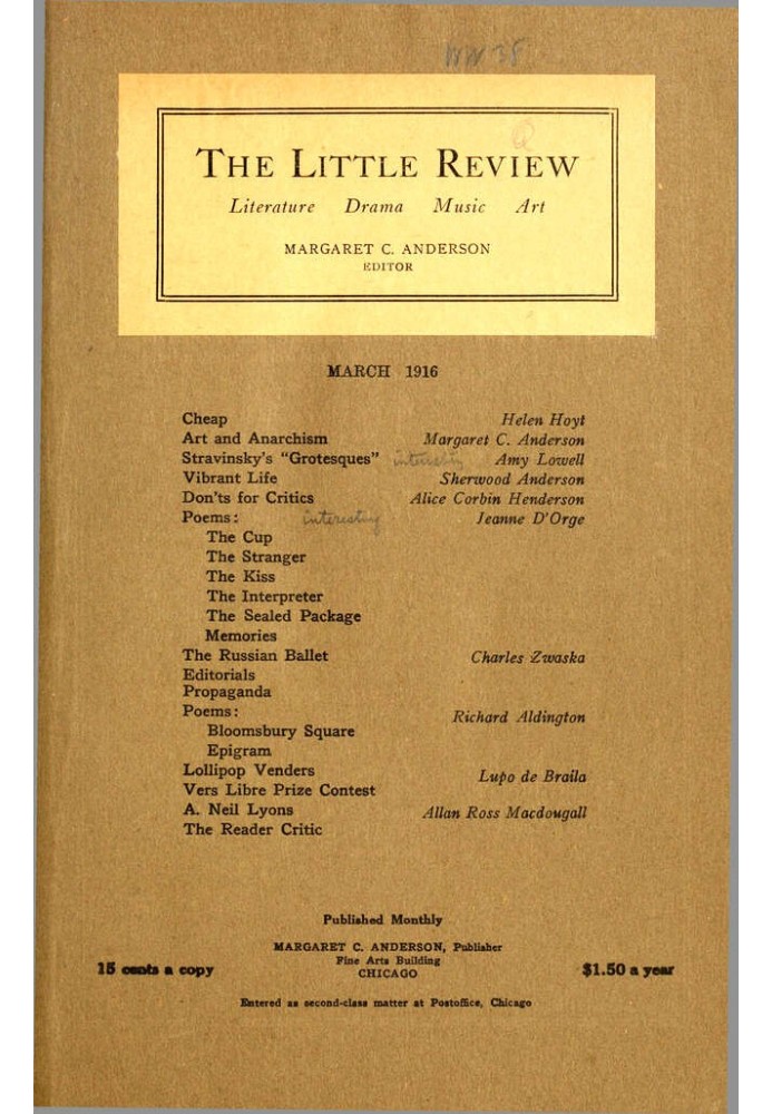 Book The Little Review, March 1916 (Vol. 3, No. 1)