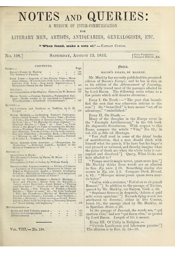 Book Notes and Queries, Number 198, August 13, 1853 A Medium of Inter-communication for Literary Men, Artists, Antiquaries, Gene