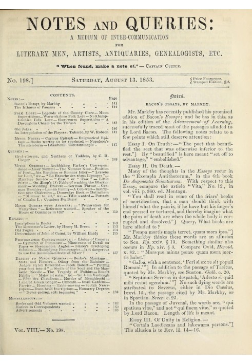 Book Notes and Queries, Number 198, August 13, 1853 A Medium of Inter-communication for Literary Men, Artists, Antiquaries, Gene