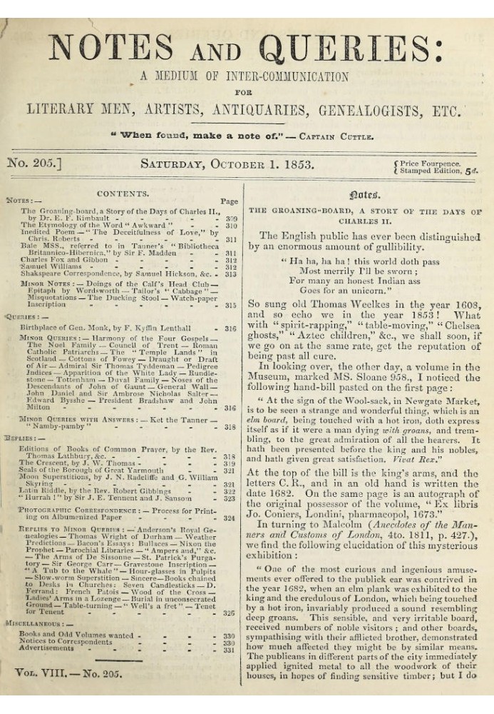 Book Notes and Queries, Number 205, October 1, 1853 A Medium of Inter-communication for Literary Men, Artists, Antiquaries, Gene