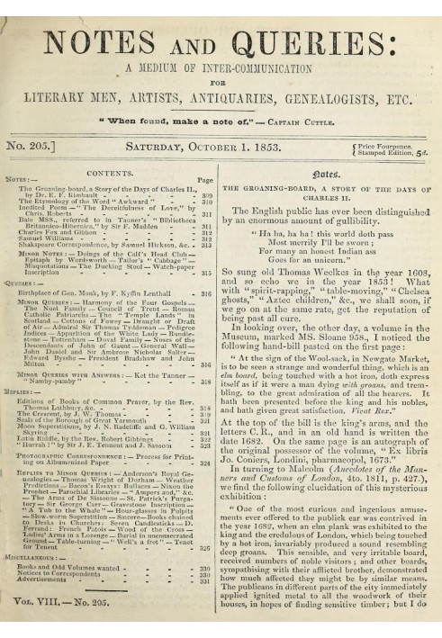 Book Notes and Queries, Number 205, October 1, 1853 A Medium of Inter-communication for Literary Men, Artists, Antiquaries, Gene
