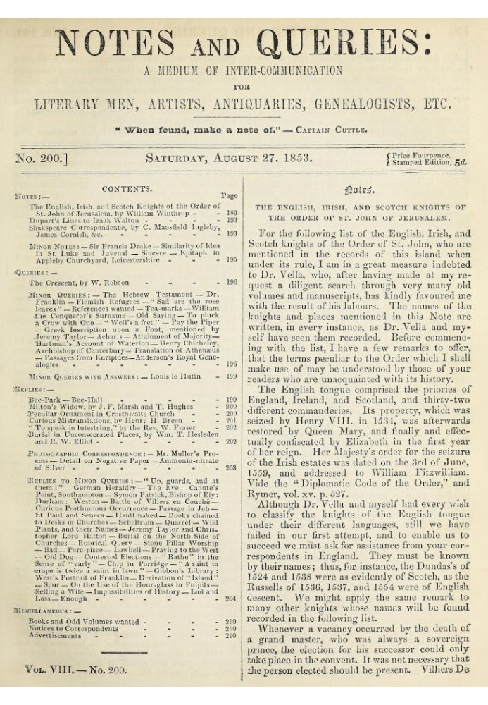 Book Notes and Queries, Number 200, August 27, 1853 A Medium of Inter-communication for Literary Men, Artists, Antiquaries, Gene