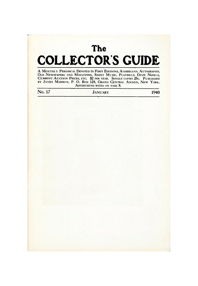 Book The Collector's Guide, No. 17, January 1940 A monthly periodical devoted to first editions, Americana, autographs, old news